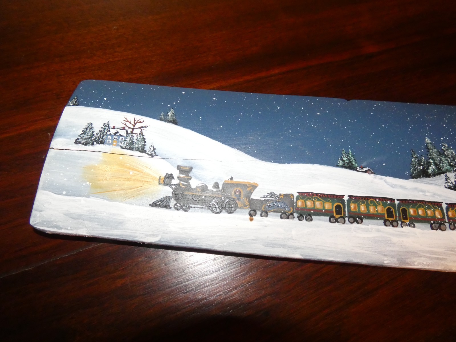 Winter Train Station Original Oil Painting on Wood Fan Blade Artist Signed