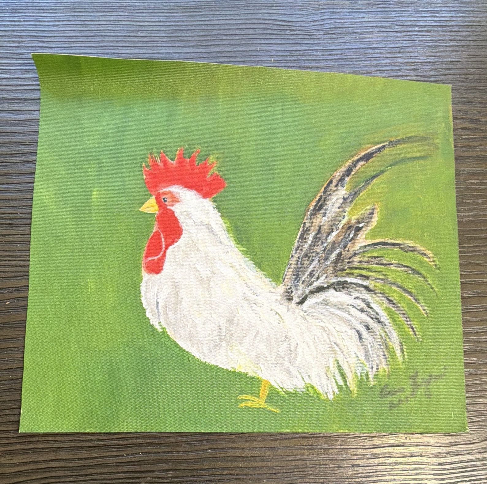 Signed Folk Art Rooster Painting on Canvas, Unframed Farm Animal Bird Scene