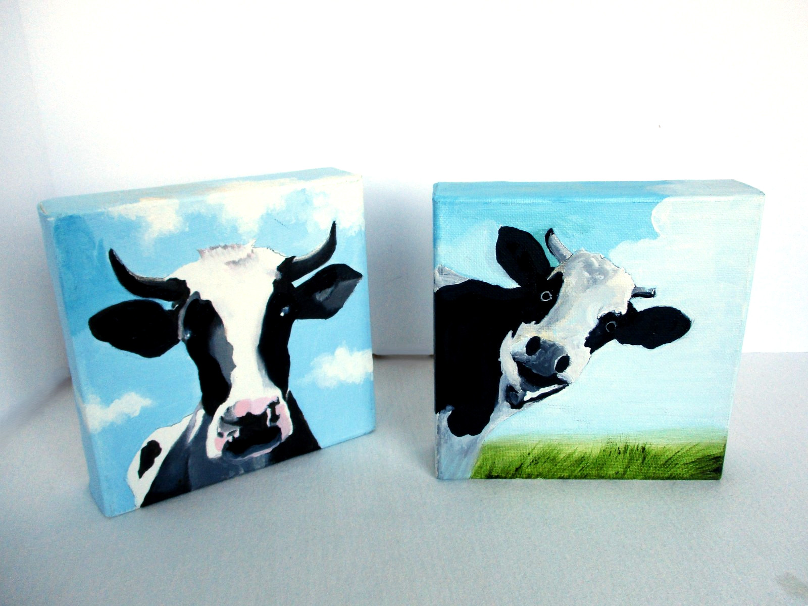 Holstein Cow Painting Set Whimsical Cattle Farm Small Acrylic Signed Kliban