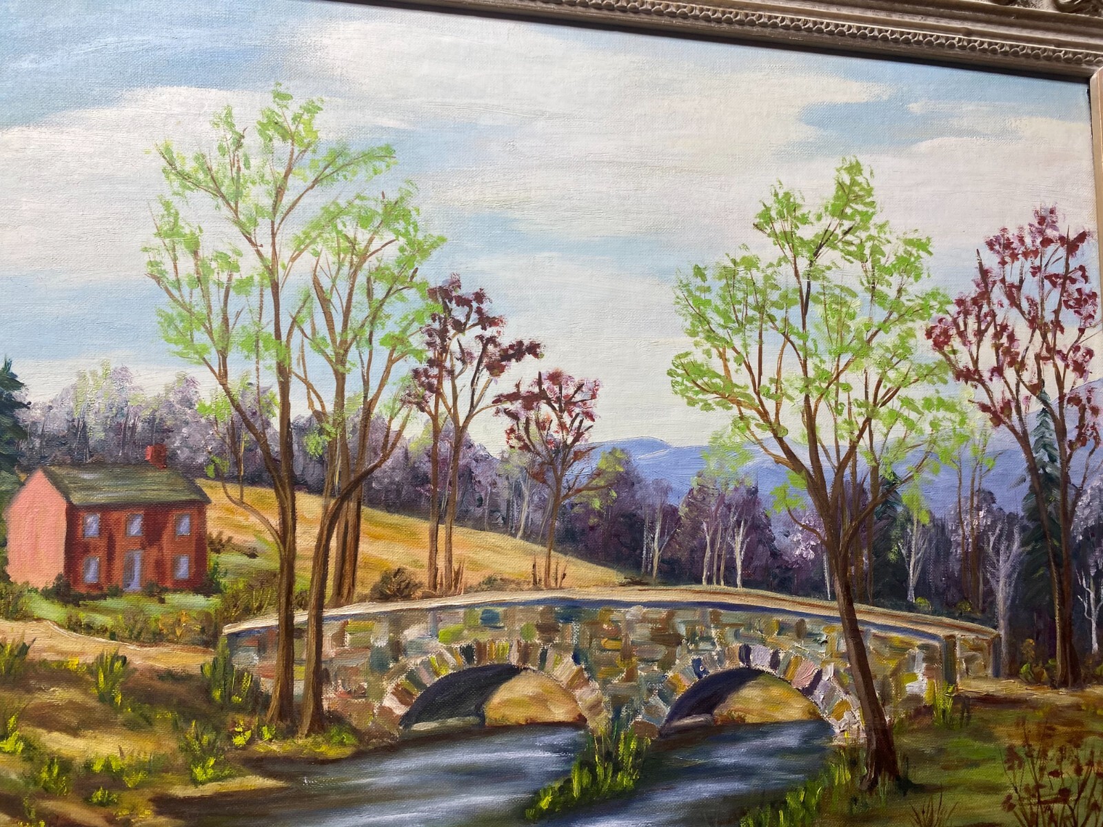 E.W Bailey «Stone Bridge And River Landscape Scene » Oil Painting -Signed/Framed
