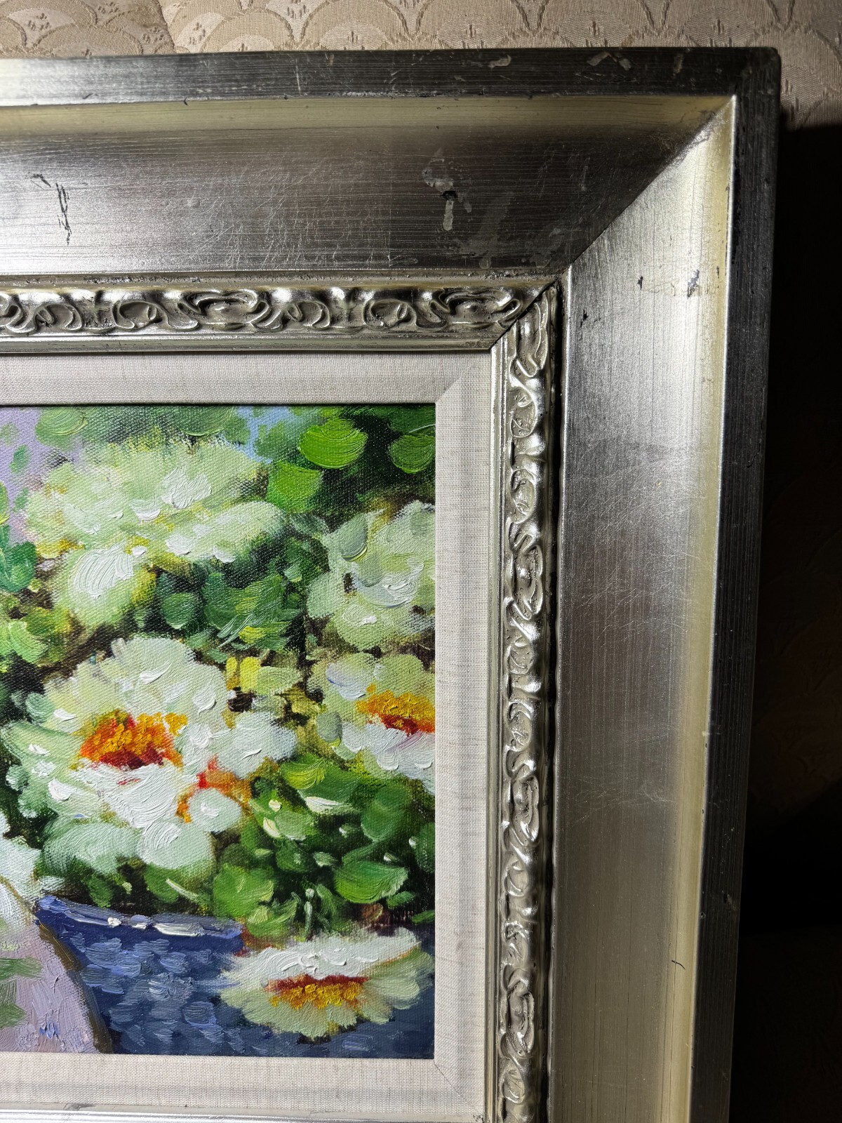 «Flowers In Blue Basket Scene» Oil On Canvas Painting – Signed And Framed