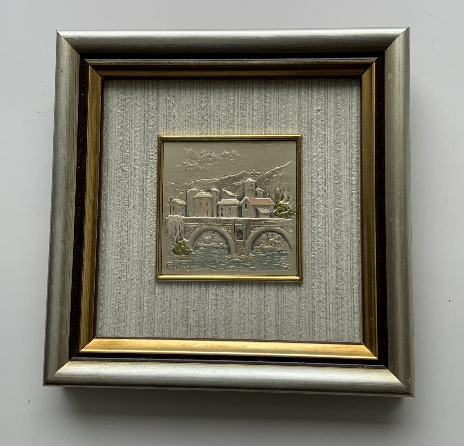 Vtg Embossed Sterling Silver Painted Hand Made Italy City Bridge Scene 4.5”x 4.5