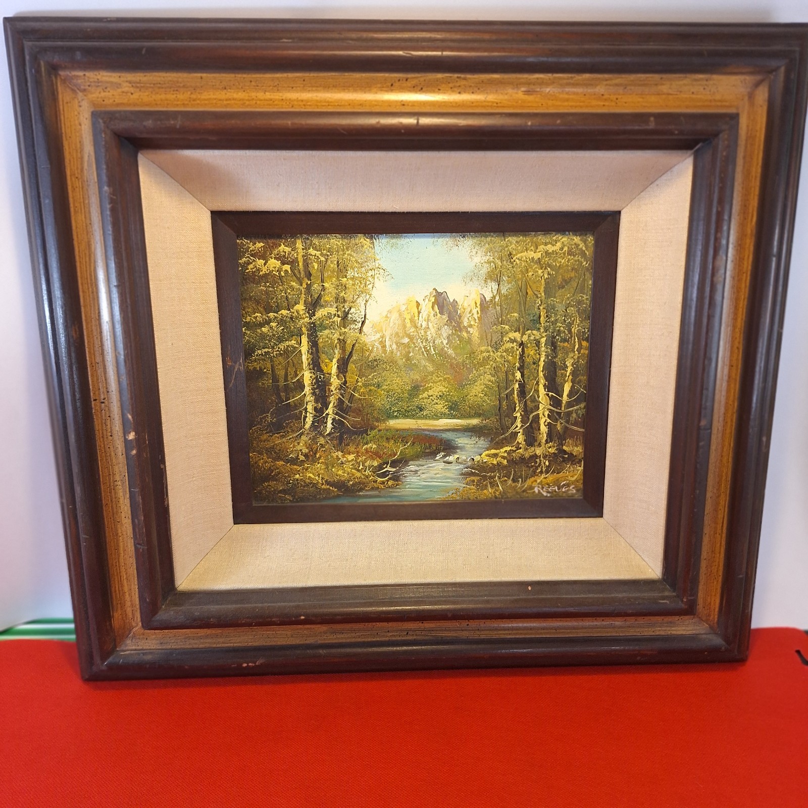 Vintage 17×19 Reeves Autumn River With Birch TreesOil PAINTING Wood Frame