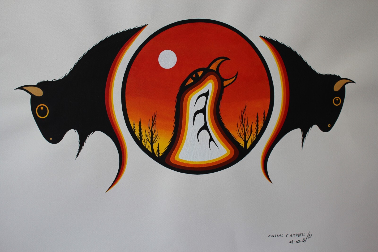 1987 Collins Campbell 21-1/2”x30″ Buffalo+Thunderbird original acrylic on paper