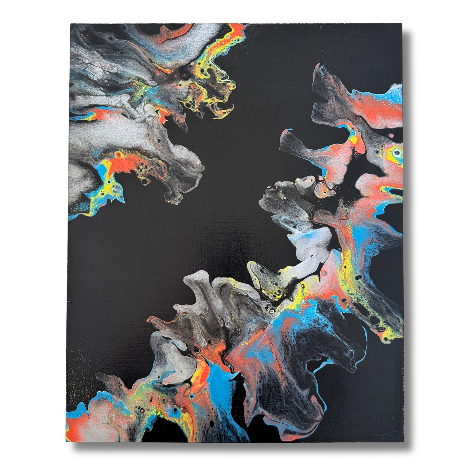 16″ x 20″ Acrylic Pour by Kris Williams – Black White Silver Yellow Orange Teal