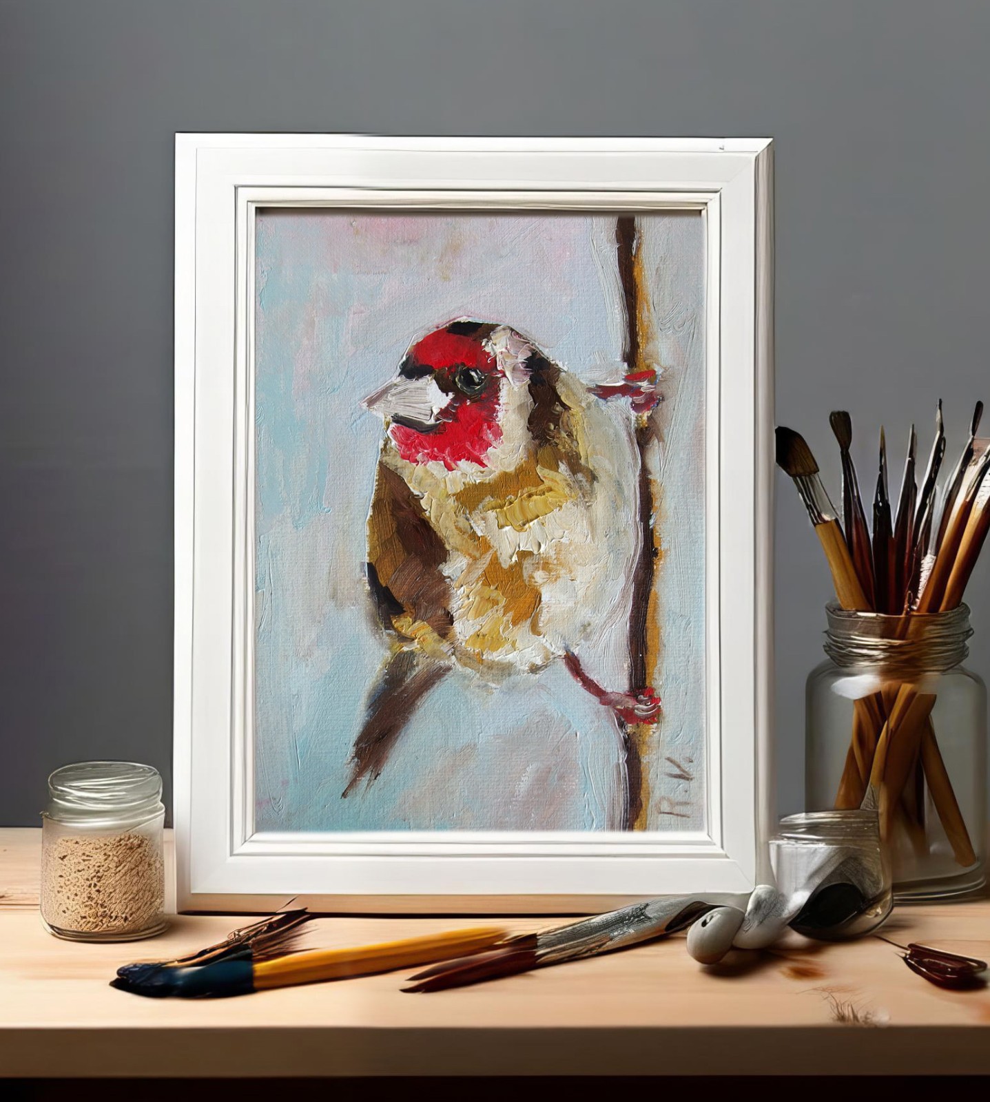 Small Bird Oil Painting, goldfinch, funny bird artwork, nice gift, 6×8″