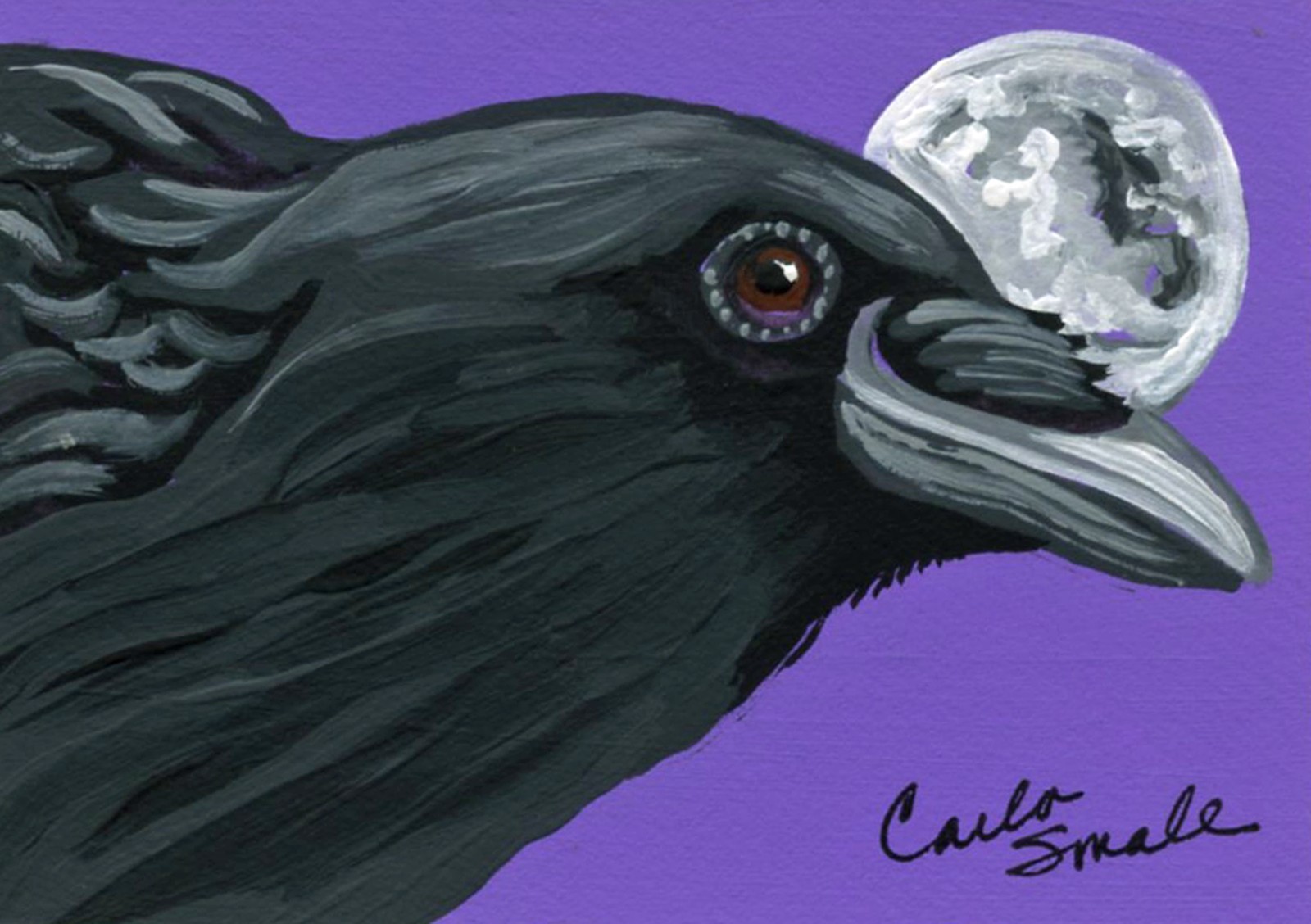 ACEO Original Painting Raven Crow Bird Full moonWildlife-Carla Smale