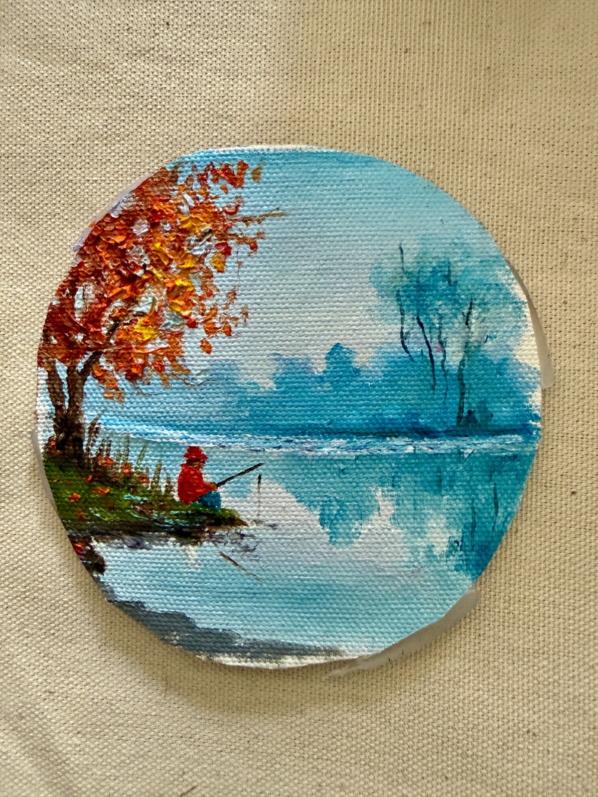 miniature oil painting, original painting ,lake landscape ,fisherman painting