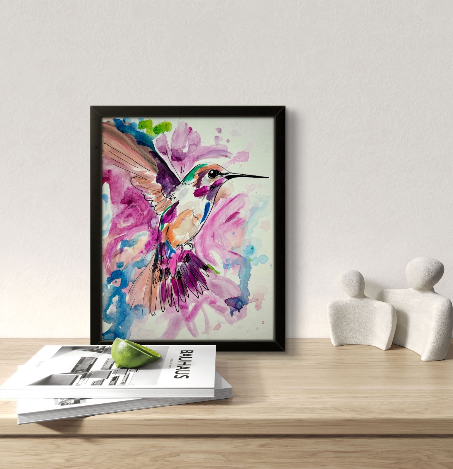 Hummingbird Painting Floral Bird Pinks 11×14 Original Garden Decor Modern Home