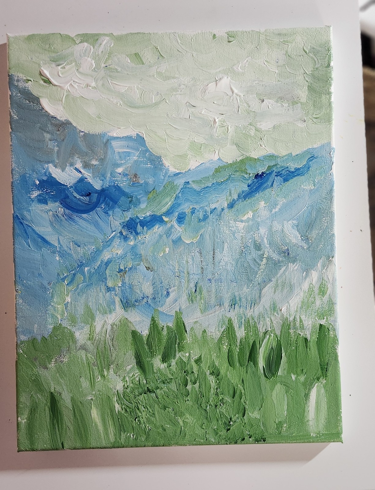 Original Mountain Meadow Landscape Painting 11×14 Acrylic on Canvas Blue Green I