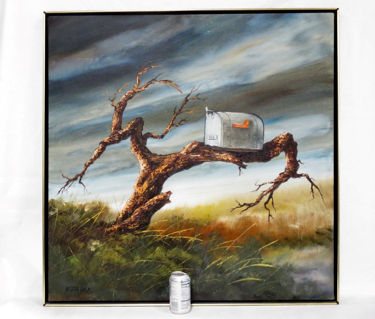 Original Hector Salas Landscape Mailbox Oil on Canvas 37.25 x 37.25 Framed