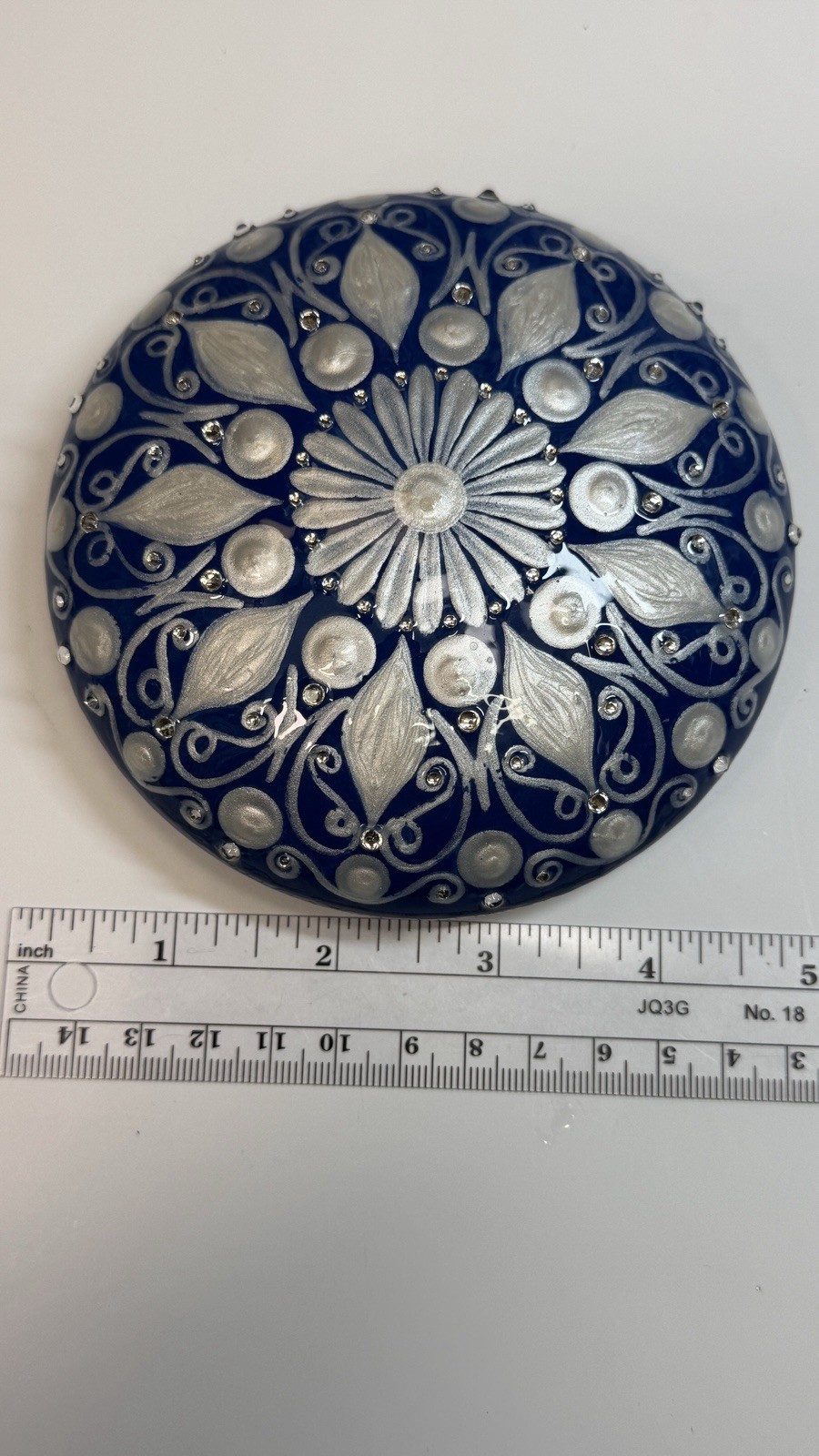 Distressed Blue And Pearl Mandala – Hand Painted Handmade Stone – By JaDeL
