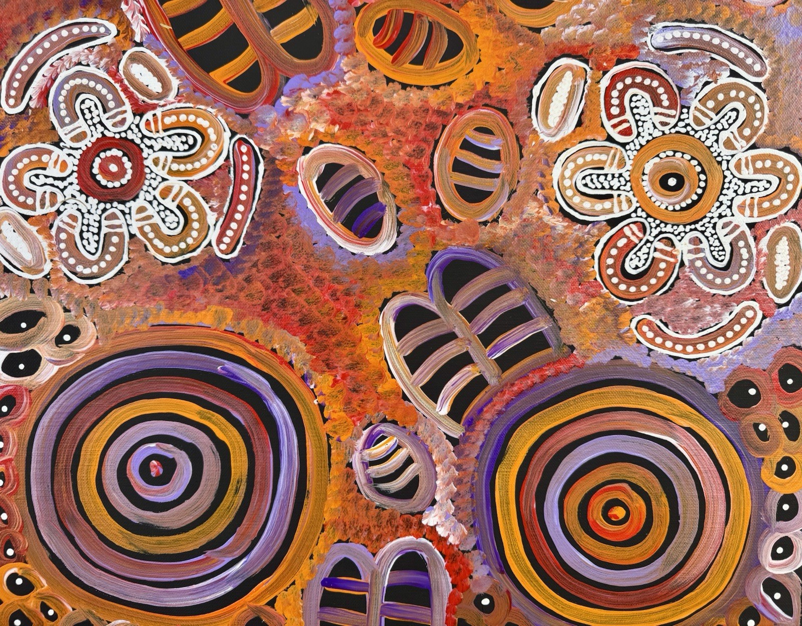 Dulcie Long Pula. Authentic Aboriginal Art. Incl, COA, Photo’s.size 105 x 45cm.