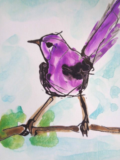 ACEO Little PURPLE BIRD Painting Art