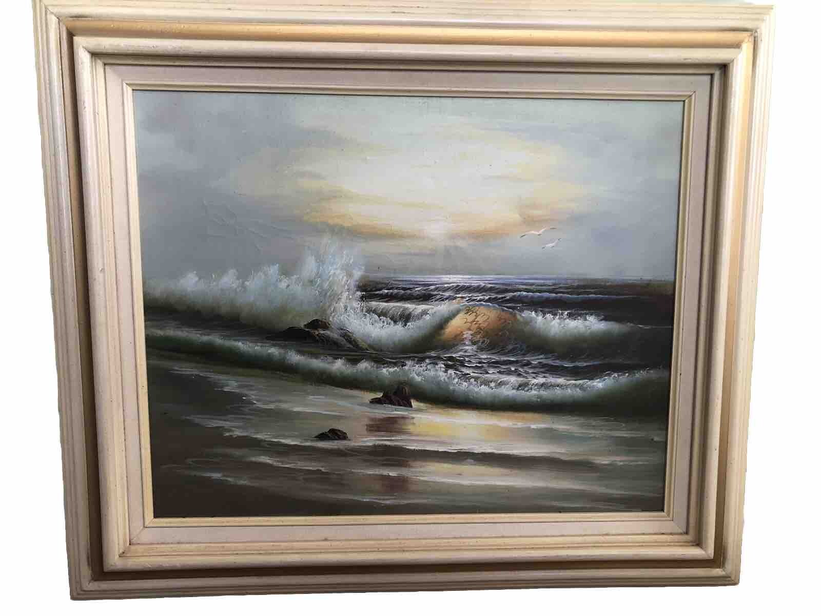Vintage Ocean Seagull Painting Canvas In Cream Gold Gilt Picture Frame 26 X 22”
