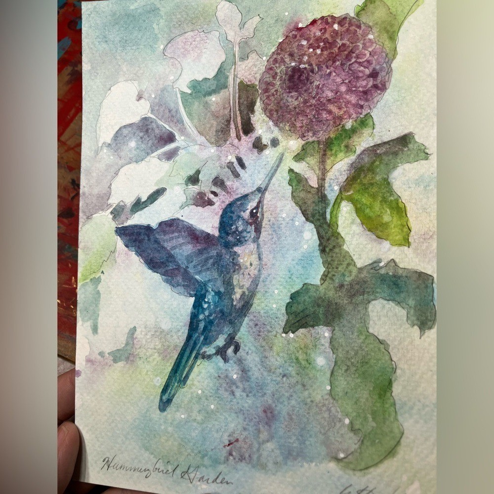 ORIGINAL Hummingbird painting Floral Flying Bird Flower art watercolor Artwork