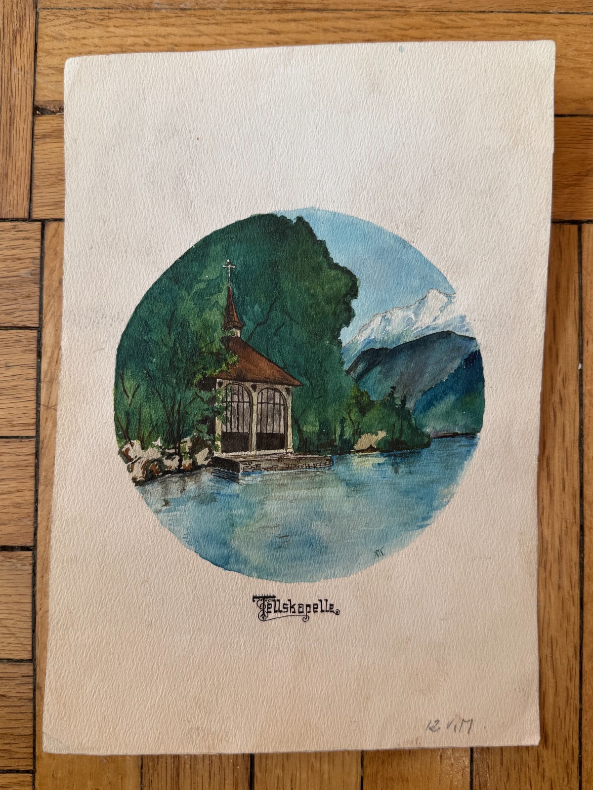 Antique 19th Cent Swiss Landscape Watercolor Painting Tellskapelle OOAK 6.5×9.5