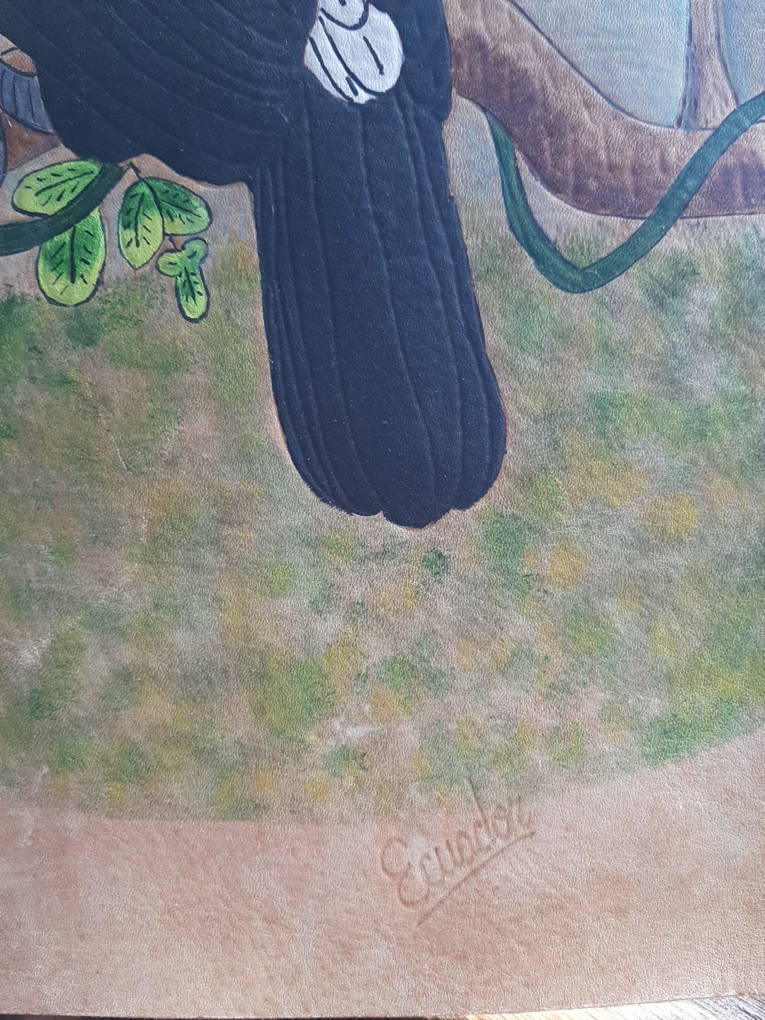 Vintage Toucan Bird Vibrant Painting On Leather Wall Hanging 13″x 9″ Ecuador