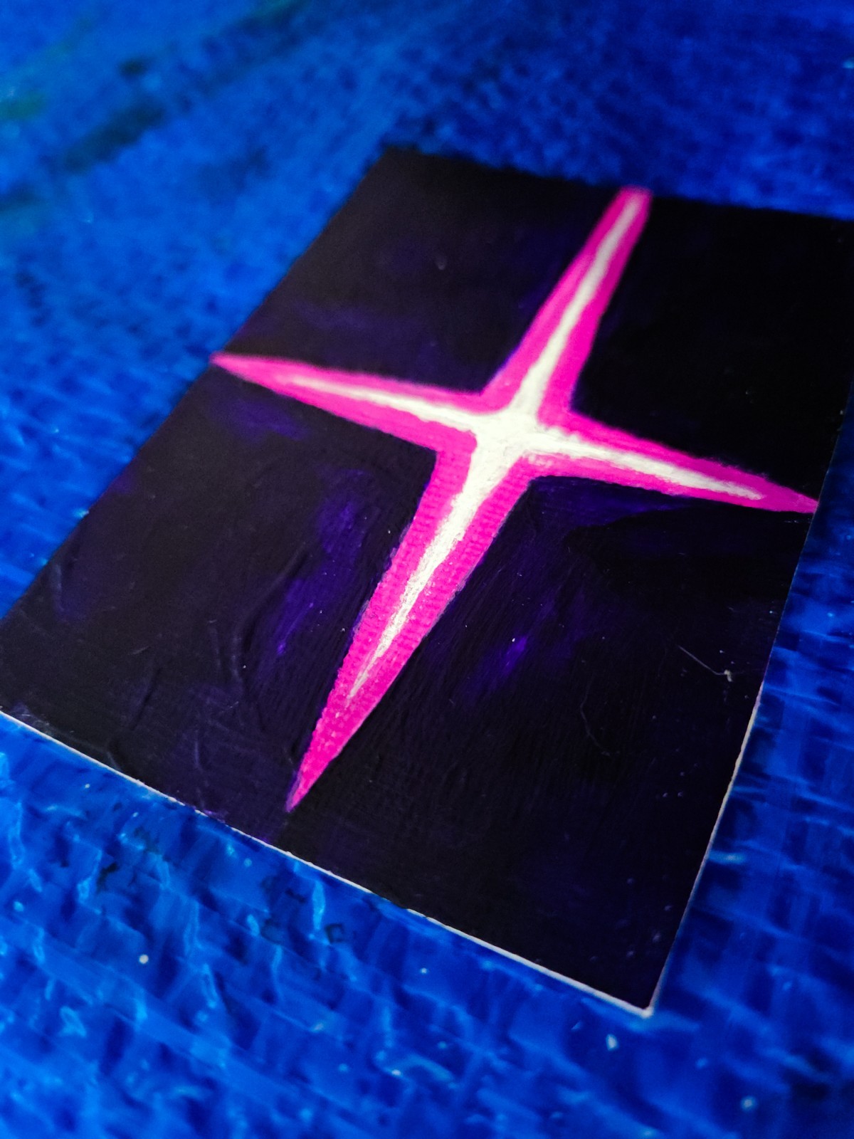 ⁣⁣⁣⁣⁣⁣ OOAK ACEO Acrylic Painting Art Card Pink and White Star Space Over Purple