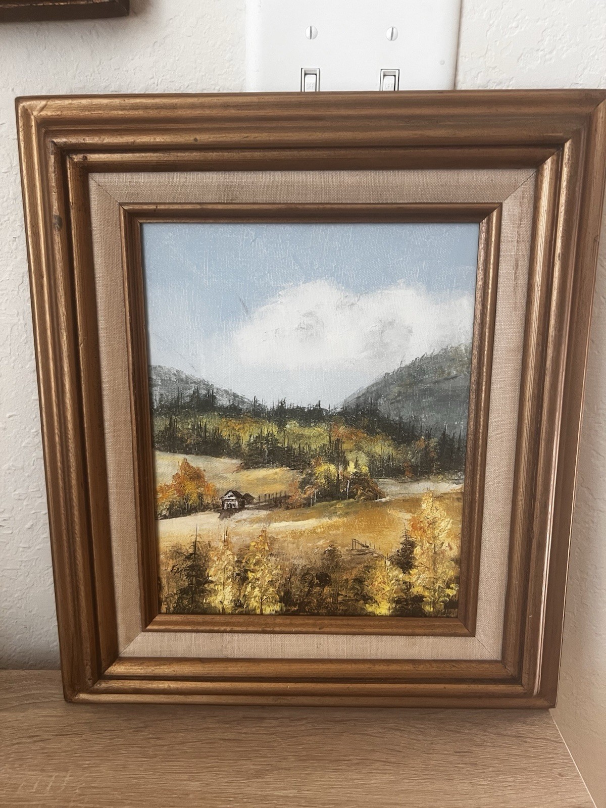 Vintage Pastoral Mountain Scene Cabin Framed Oil Painting EM STOUT 13 x 15