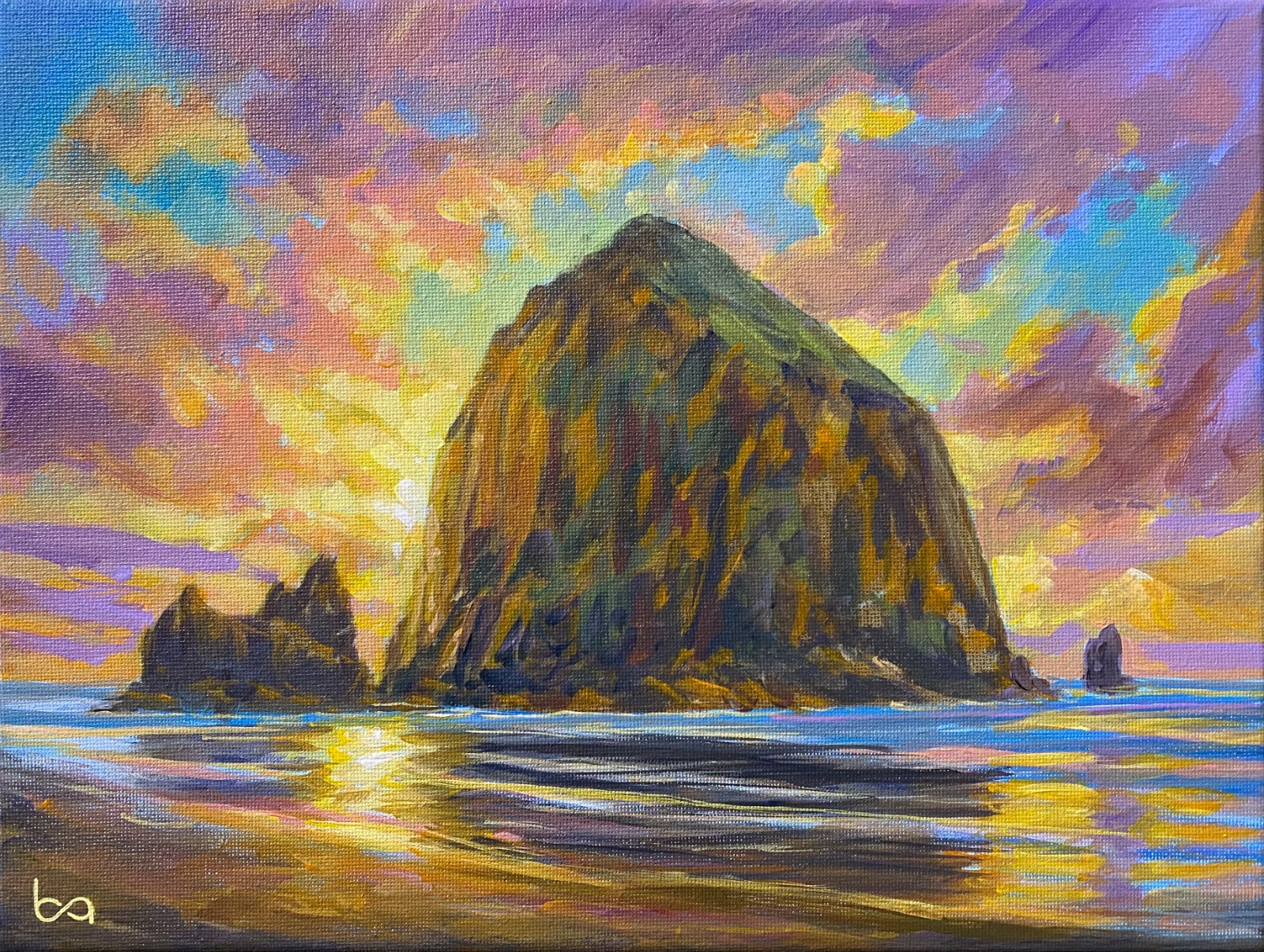Original Haystack Rock Painting 9×12″ Oregon Coast Cannon Beach Seascape Acrylic