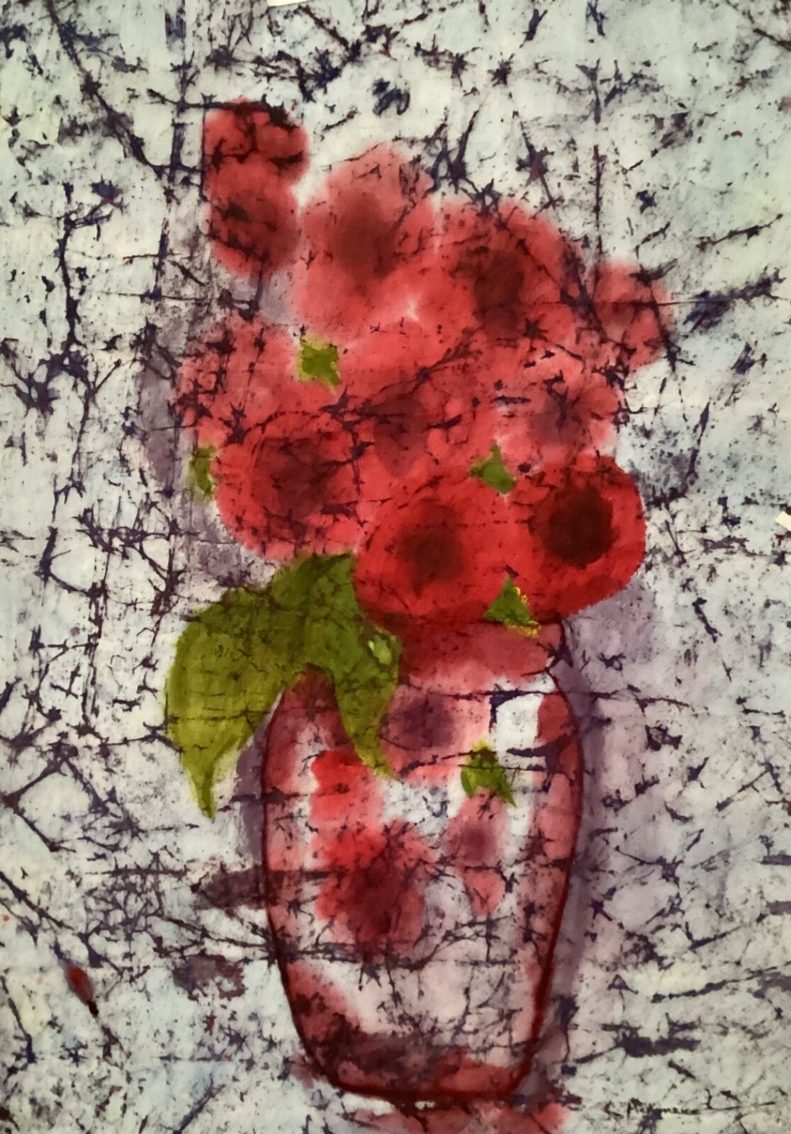 Original Watercolor Abstract Floral Painting Batik Art on Rice Paper 17×23 in.