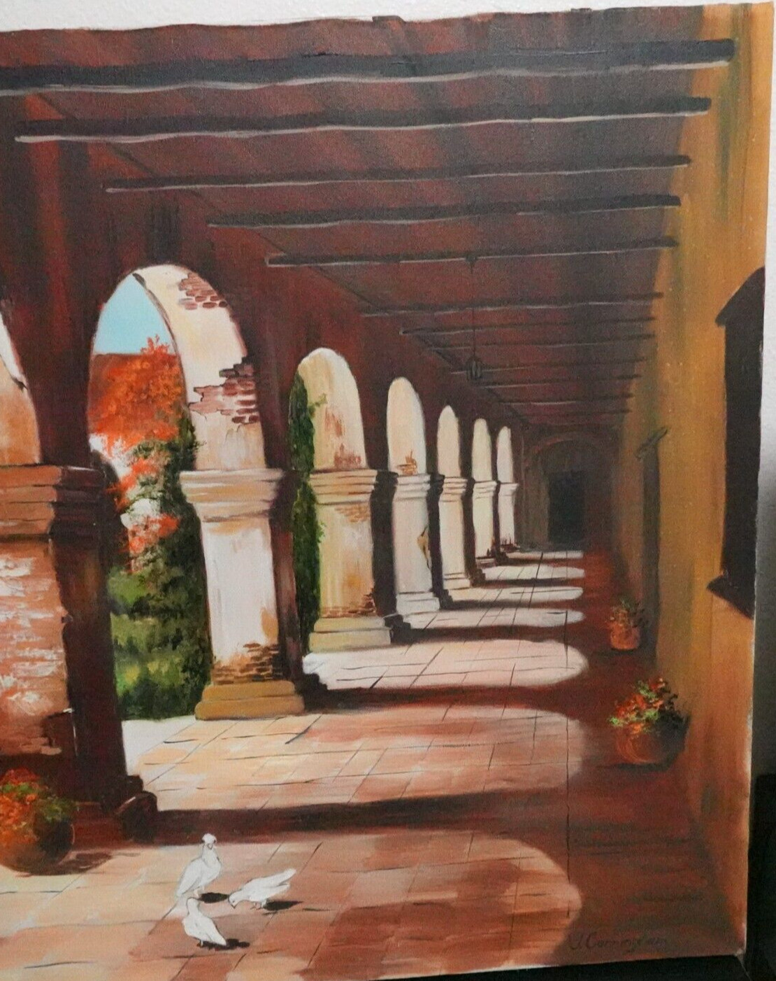 JOHN CUNNINGHAM CALIFORINIA MISSION WHITE DOVES OIL ON CANVAS PAINTING UNFRAMED