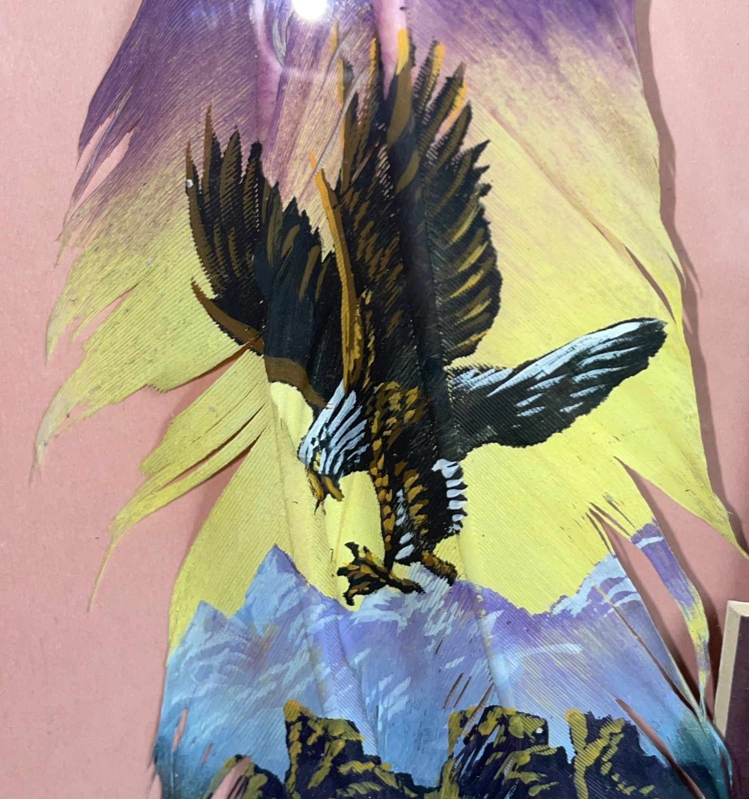 Hand Painted Flying Eagle On Turkey Feather W/ Leather Strips & Plastic Beads