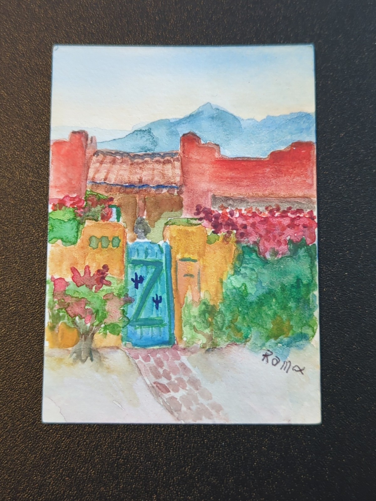 La Quinta Cove Desert Gate ACEO Original Watercolor RAMFish Artist 3.5×2.5
