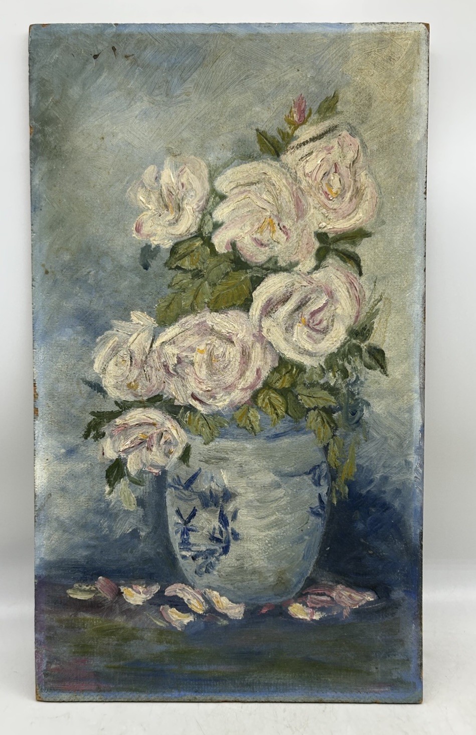 Mid Century Still Life Roses Blue Vase, Flowers, Cottagecore