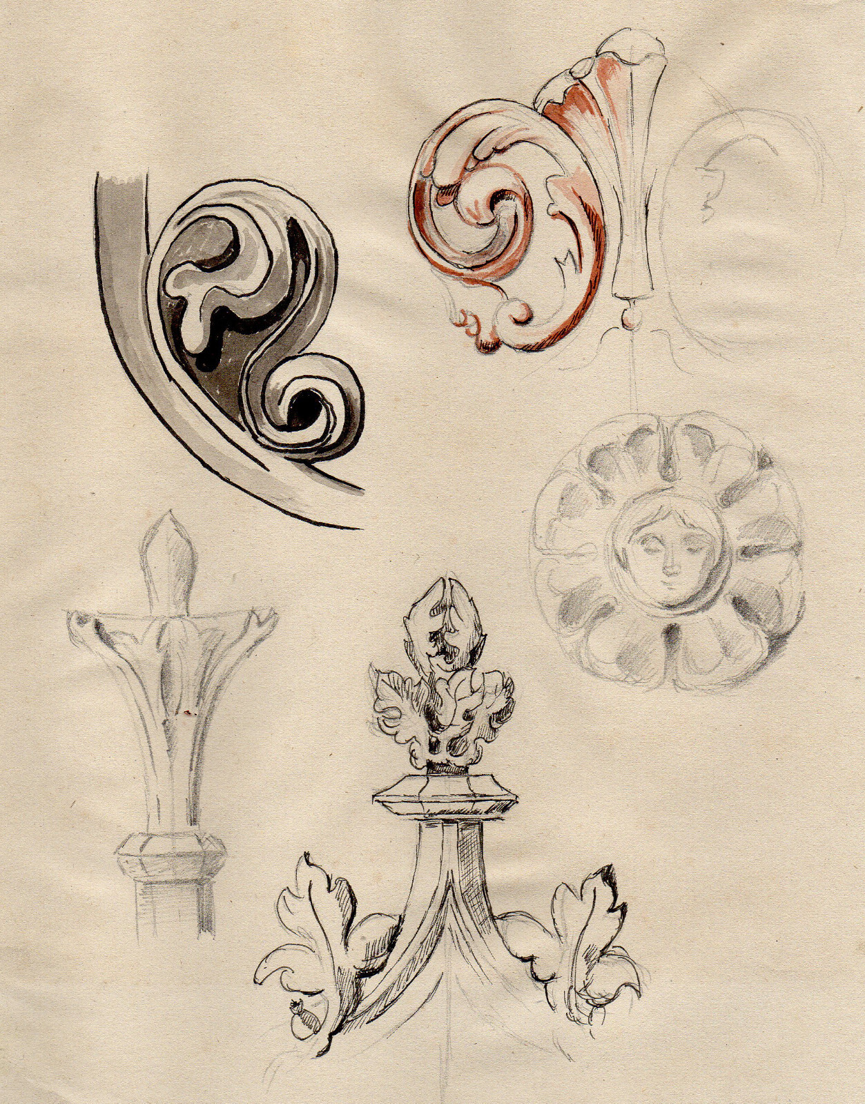 Nice drawing of architectural details, ink drawing on paper , 1850s