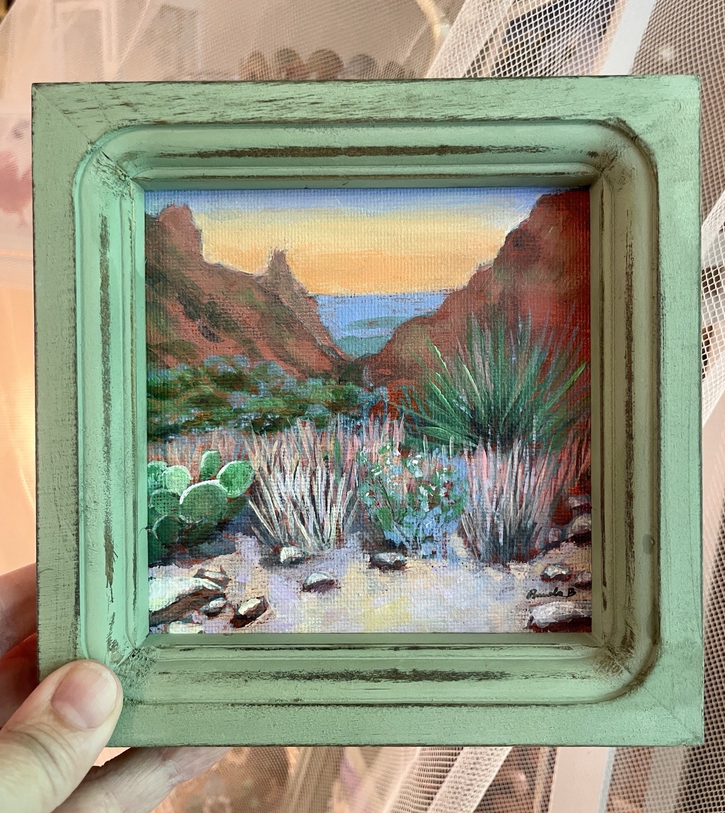 Big Bend Desert Sunset Original Acrylic Landscape Painting 5×5 Southwestern Art