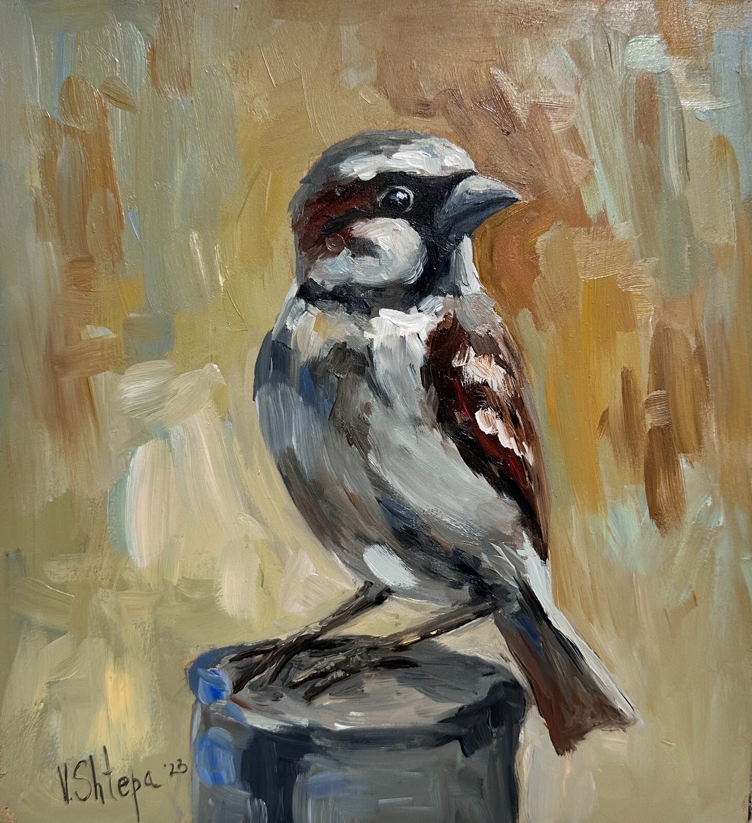 Original Oil painting Bird Sparrow Collectible Landscape ART Signed UKRAINE