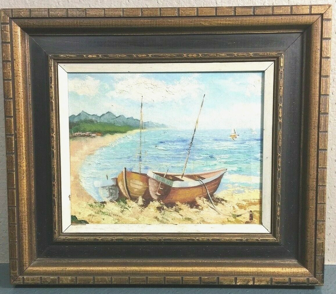 Vintage Seascape Oil Painting on Canvas of Two Boats & The Beach Painting #635