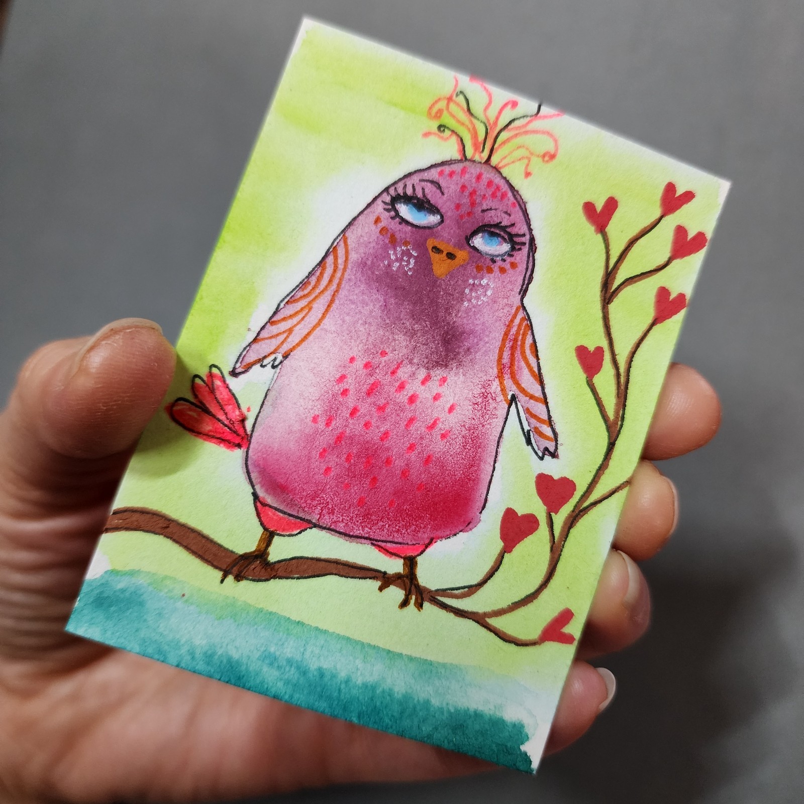 ACEO Original Painting Quirky Bird Hearts Red Art Trading Card – AMBER K