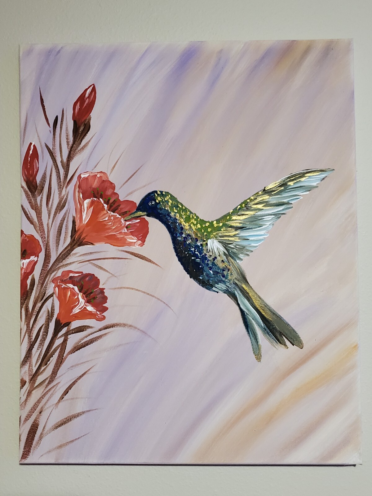 Handmade acrylic painting Wood frame 20x16in Decor Art Flowers and Hummingbirds