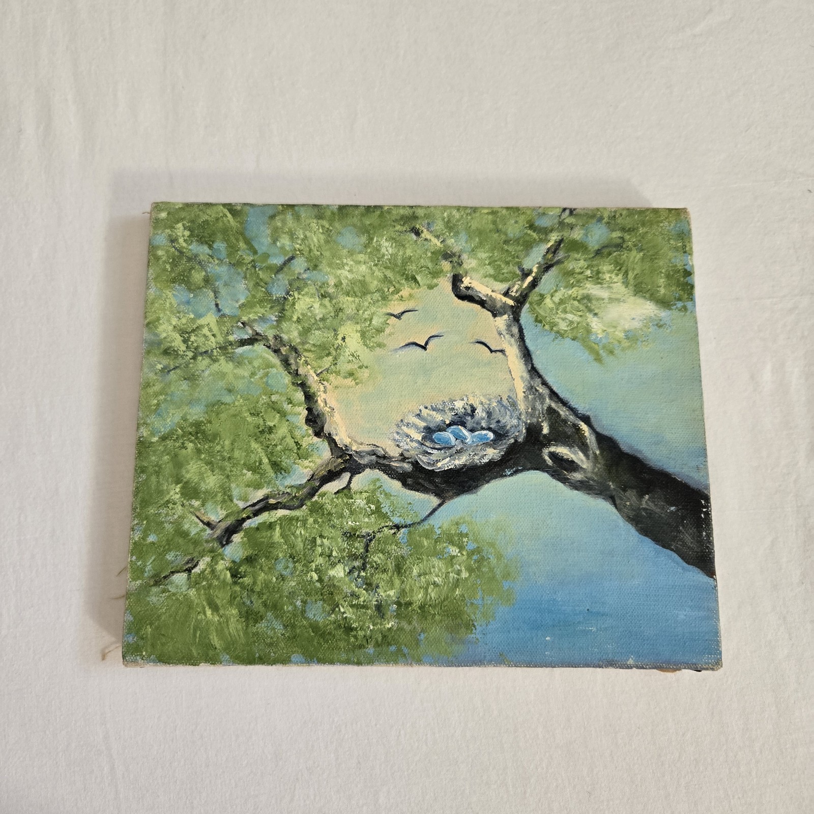 Original Hobbyist Painting Tree Branch Bird’s Nest Blue Eggs Robin Canvas Green