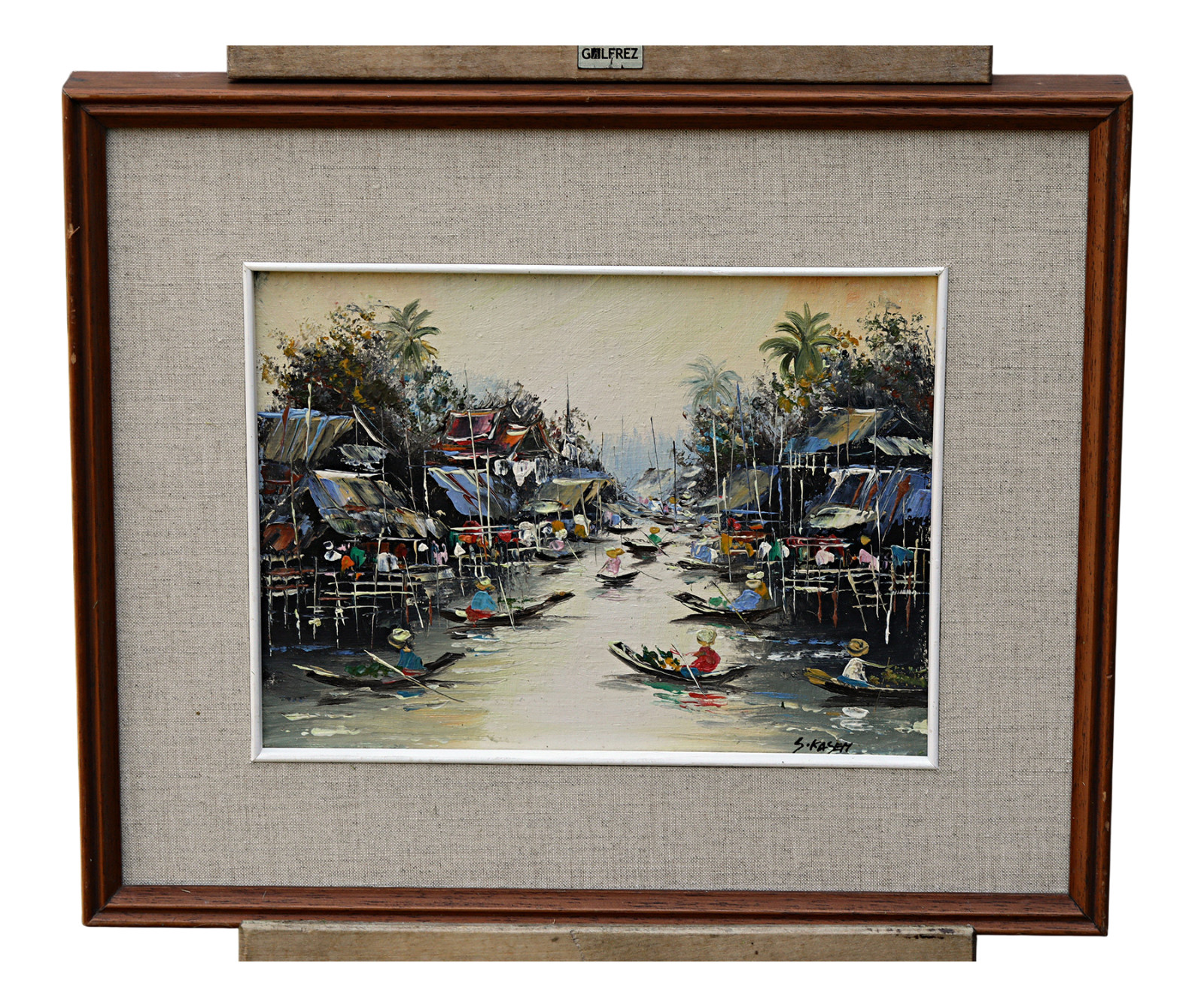 S. Kasem Floating Market Asia Oil on Wood Signed Framed Painting