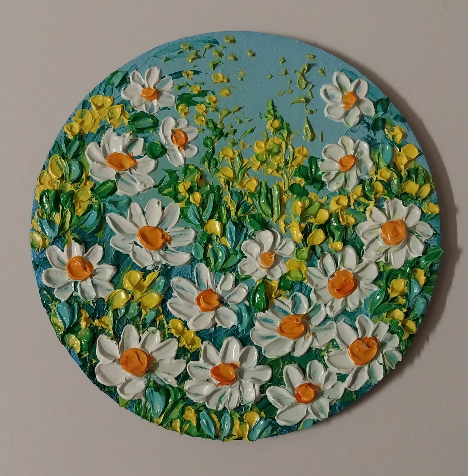 Daisy Flowers Meadow Round Mini Canvas Art 4×4” Impasto Oil Painting Original