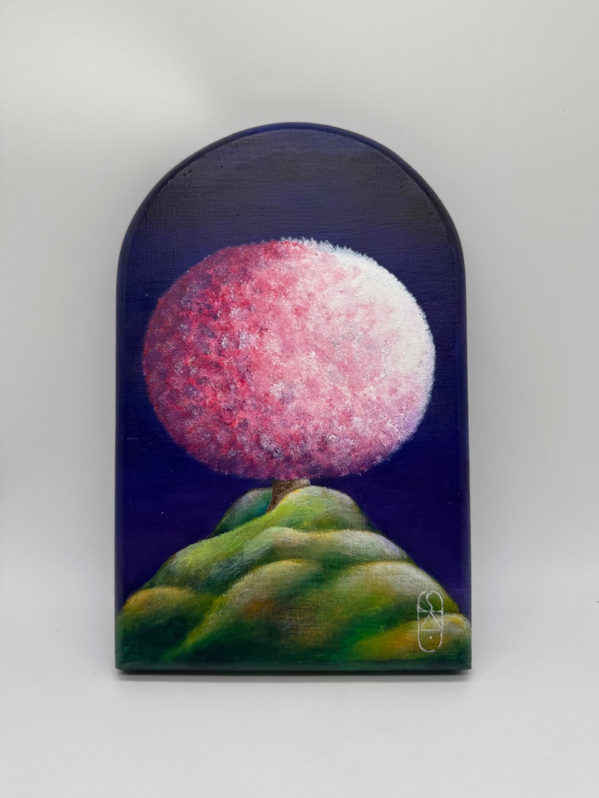Sharon Davie Barrett Acrylic Painting of Tree on Wood Titled Pink Powder Puff