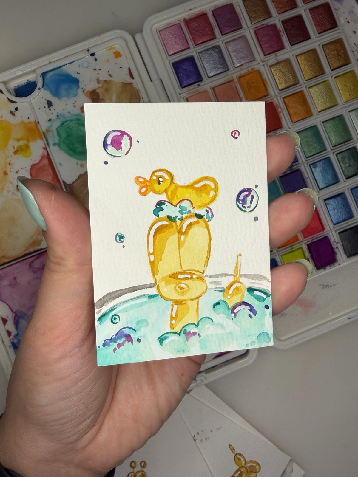 ACEO Original Watercolor Painting 2.5×3.5in – Bubble Balloon Dog Bubble Bath