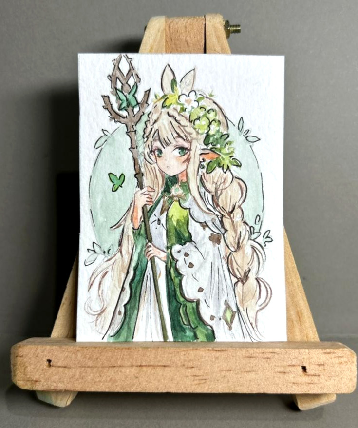 ACEO Original Watercolor Painting Elf Princess Druid Floral Crown Fantasy OOAK