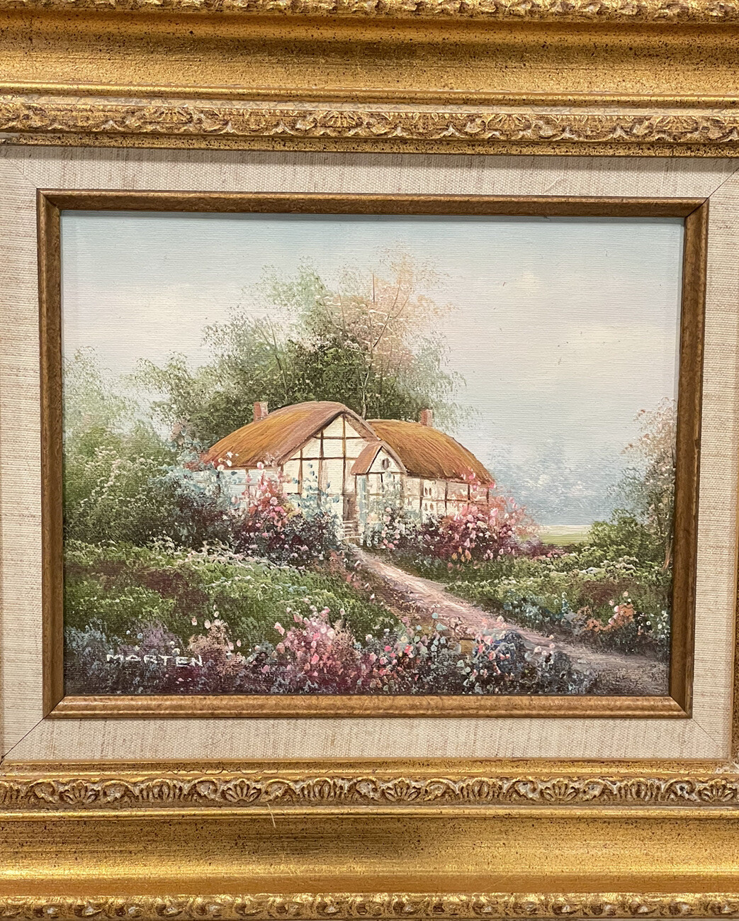 Vintage Marten Oil Painting ‘Country Get Away’ Cottage Meadow Country, Signed