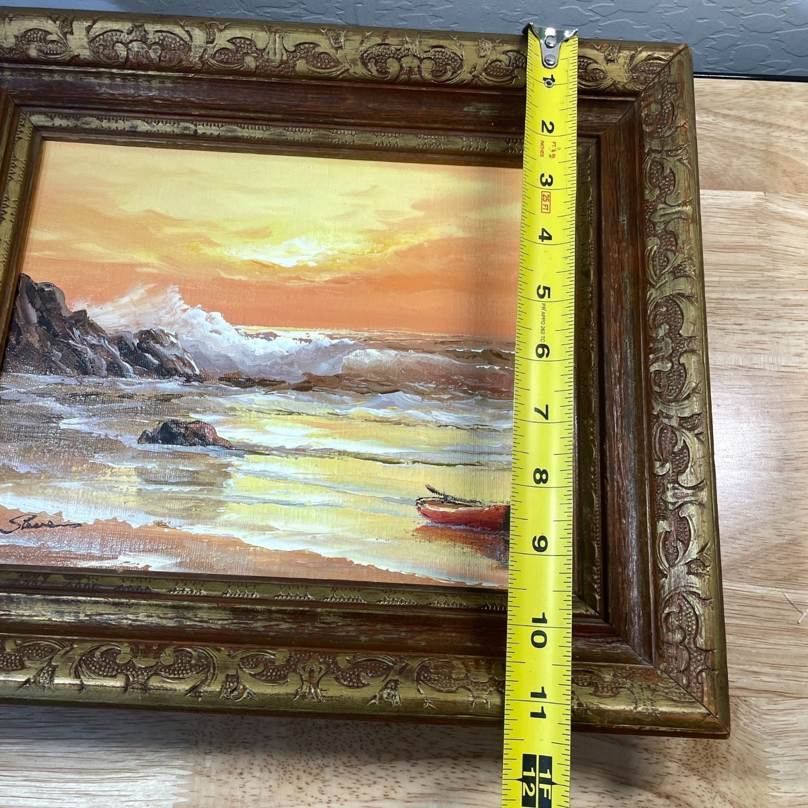 Ocean Waves Crashing on Beach Rocks at Sunset Acrylic on Canvas Framed Signed