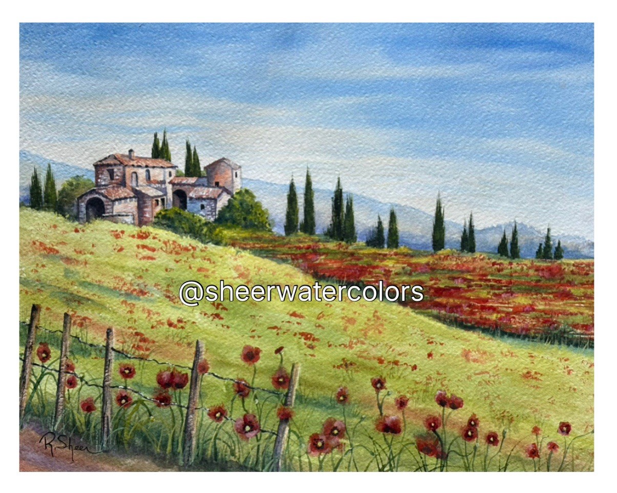 Sheerwatercolors Original Painting Tuscany Italy Poppies European Decor 11”x14”