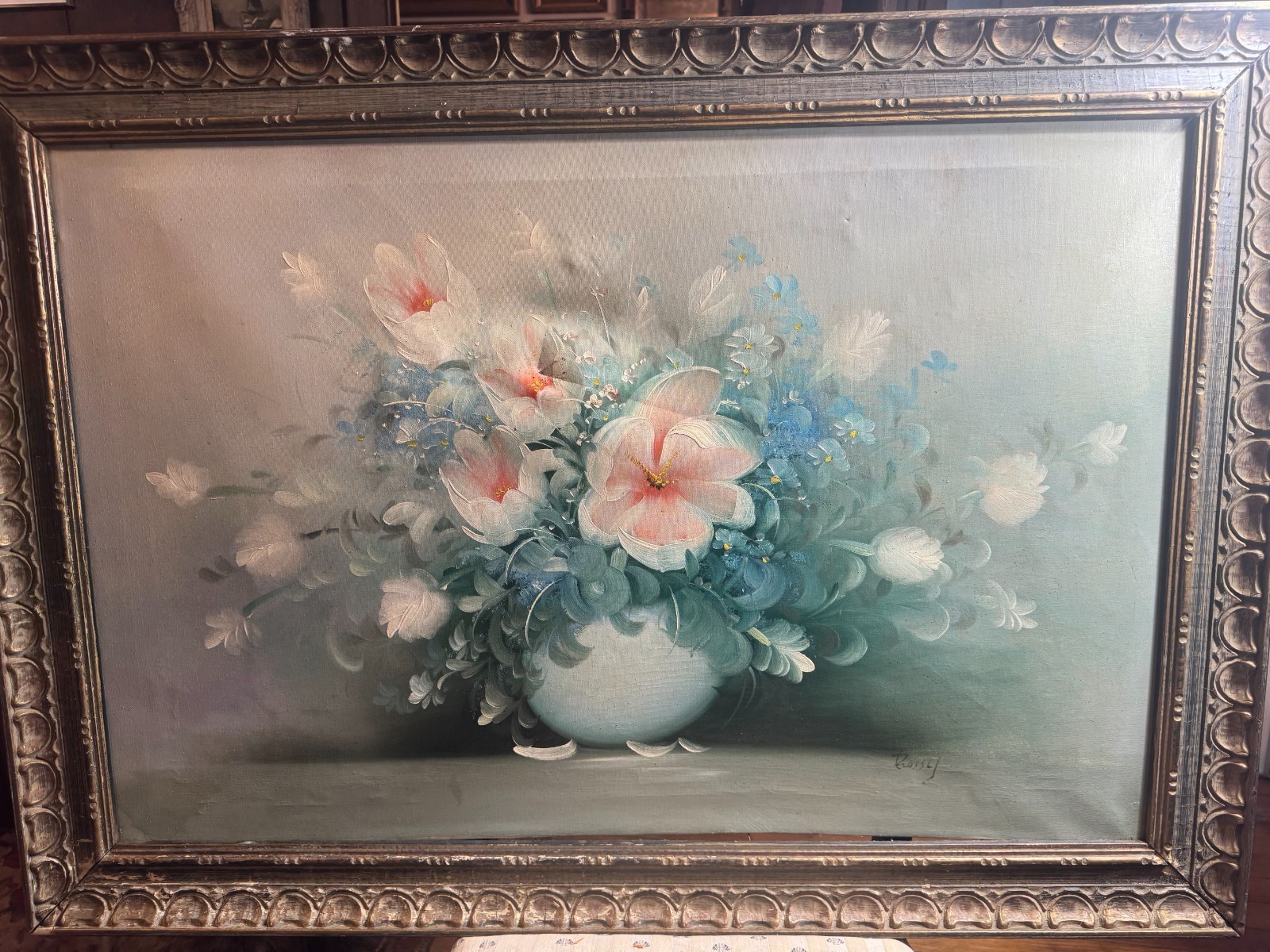 Huge Rossy «Still Life Flowers In Vase Scene» Oil Painting – Signed And Framed