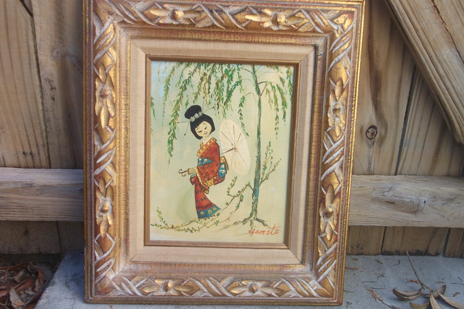 Geisha Girl Vintage Signed Framed Painting