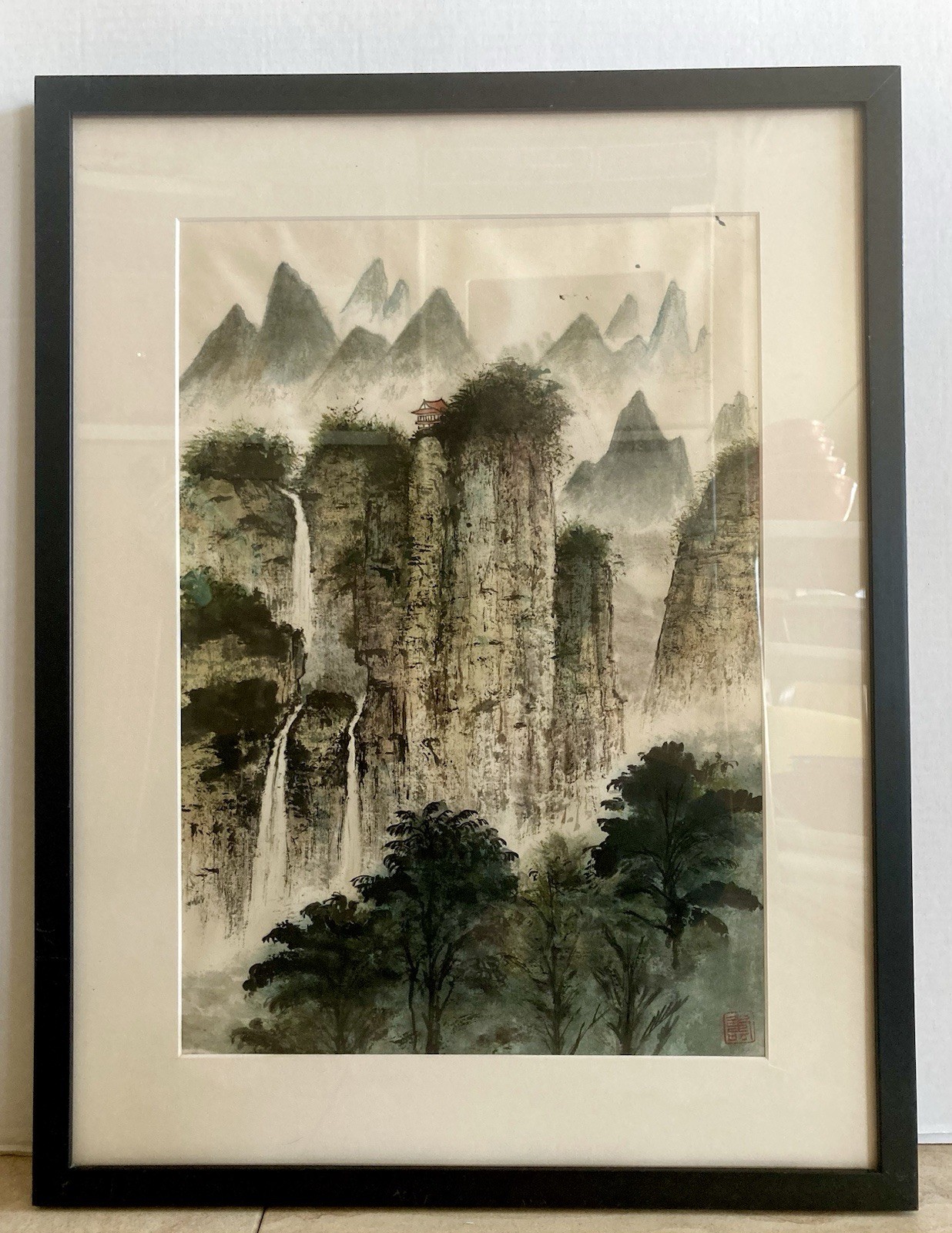 Vintage Chinese Original Watercolor Painting Shan Shui Waterfall Mountains 23 In