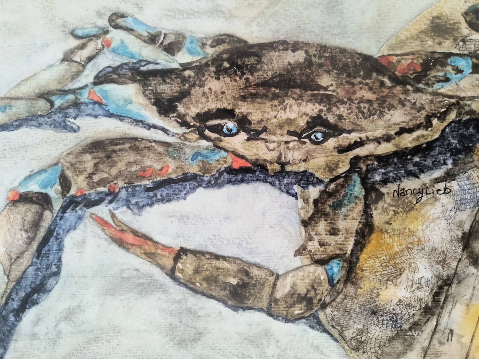 Original Signed Watercolor Painting of Crab, Framed