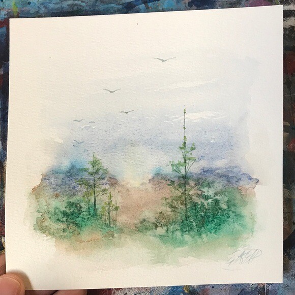 Forest Landscape Original Painting Tree Art Watercolor Decor Artwork Artettina